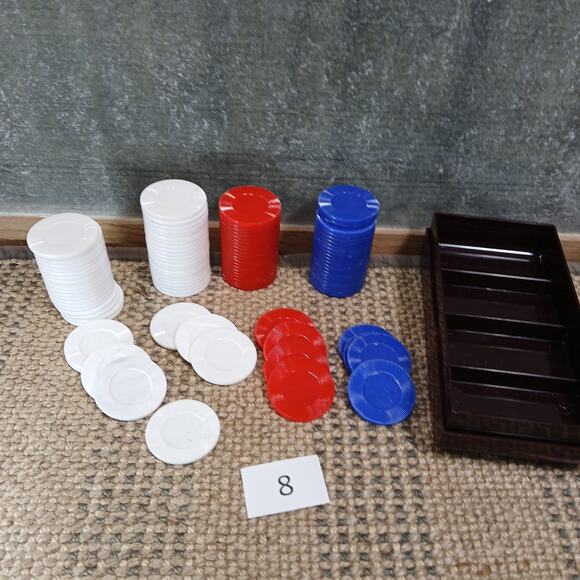 Vtg Poker Chip Set / Roulette Chips w/Maroon Storage Box w/Art Deco Lid [Set #8] - Picture 6 of 11